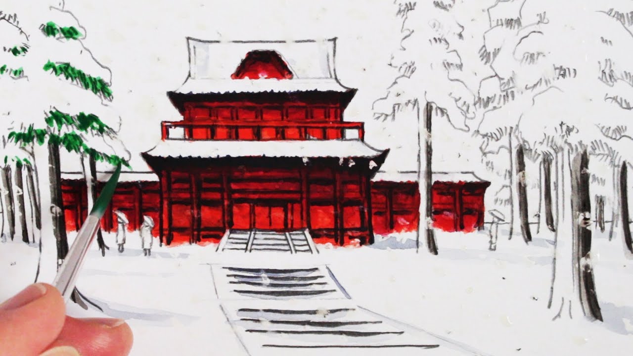 1280x720 How To Draw A Japanese Temple Building In The Snow - Japanese Building Drawing
