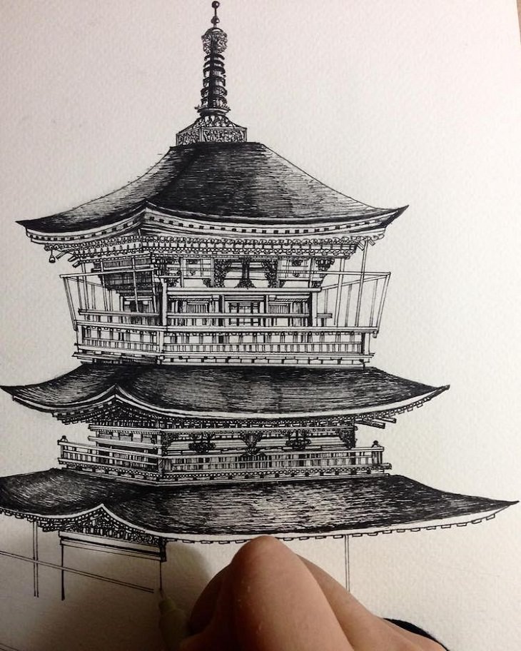 730x912 Stunning Ink Drawings Of Architecture Art - Japanese Building Drawing