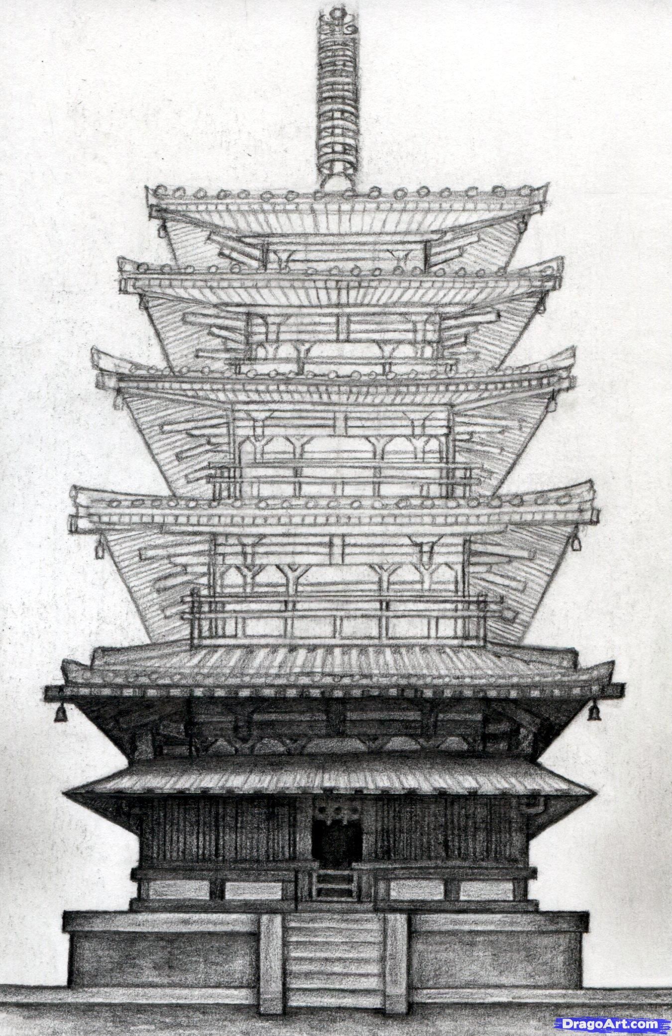 1350x2082 How To Draw A Pagoda, Japanese Pagoda Step Detail Drawings - Japanese Building Drawing