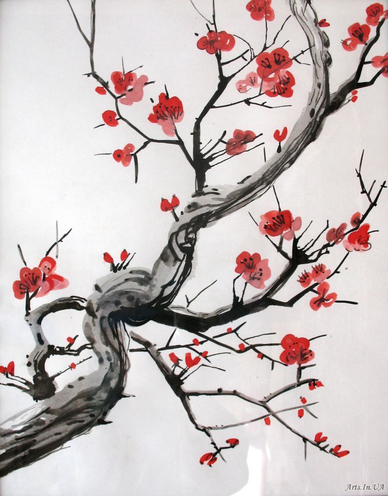 800x1021 sumi e - Japanese Cherry Blossom Tree Drawing