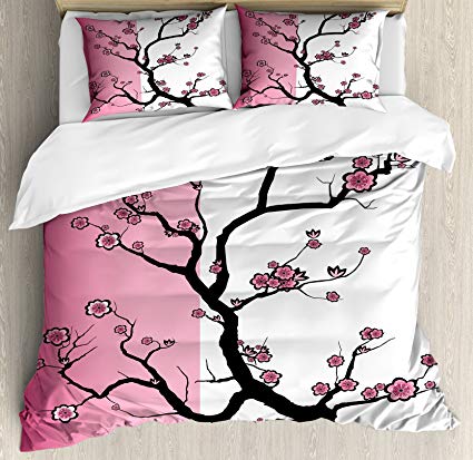 425x413 Lunarable Japanese Duvet Cover Set Queen Size, Sakura - Japanese Cherry Tree Drawing