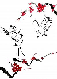 199x275 japanese cranes bird drawing red stylized flowers of image - Japanese Crane Drawing