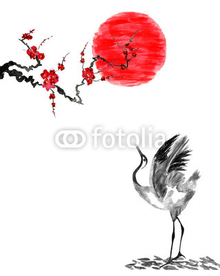 319x400 Japanese Crane Bird Drawing And Red Sun Stylized Flowers Of Plum - Japanese Crane Drawing