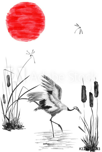 337x500 Japanese Crane Bird Drawing And Red Sun Watercolor And Ink - Japanese Crane Drawing