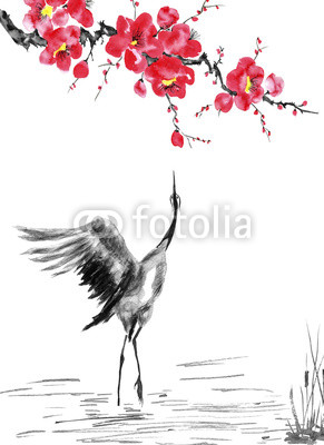 291x400 japanese cranes bird drawing red stylized flowers of plum mei - Japanese Crane Drawing