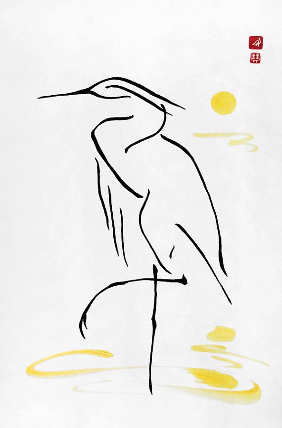 570x864 white crane with a moon, chinese calligraphy, japanese calligraphy - Japanese Crane Drawing