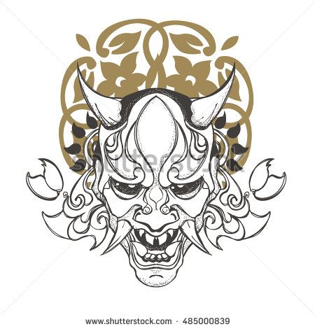 450x470 Flat,vector Japanese Demon Mask Line Drawing With Patterns - Japanese Demon Drawing