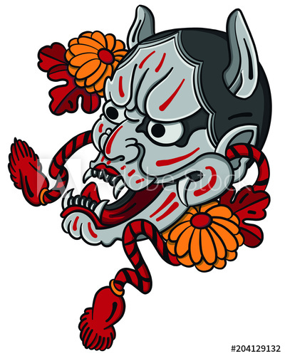 400x500 Hand Drawn Oni Mask With Cherry Blossom And Peony Flower Japanese - Japanese Demon Mask Drawing
