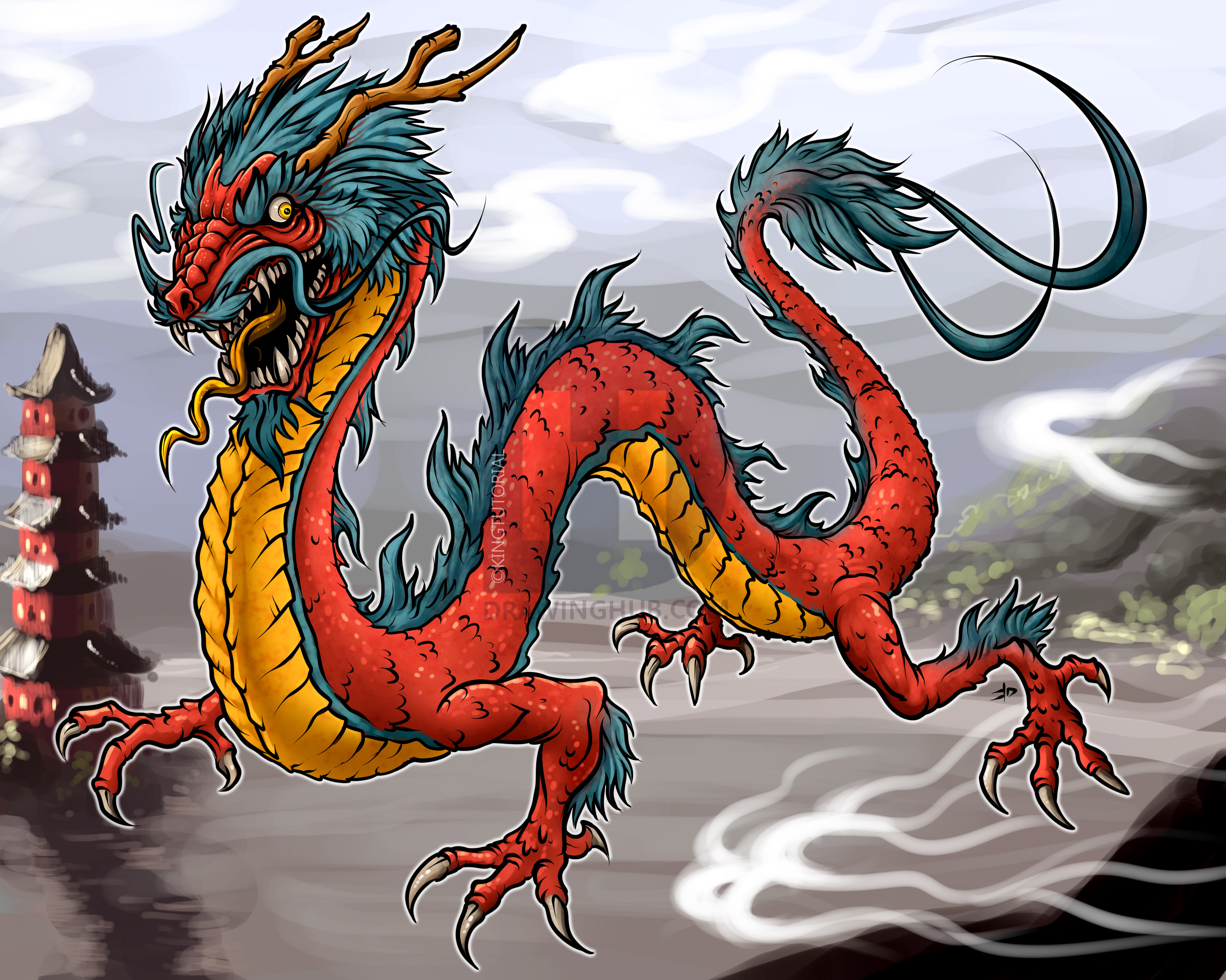 3000x2400 How To Draw A Japanese Dragon, Step - Japanese Dragon Drawing