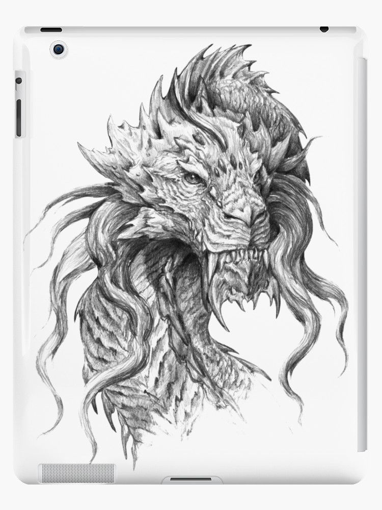 750x1000 Dark Side Japanese Dragon Portrait Graphite Pencil Art On White - Japanese Dragon Line Drawing