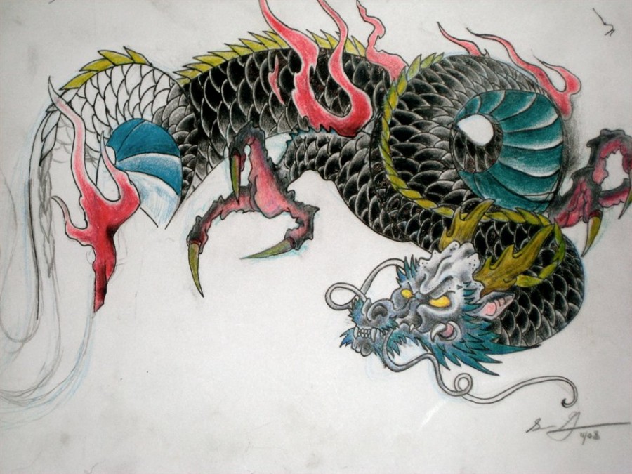 900x675 Colorful Japanese Dragon Tattoo Design - Japanese Dragon Tattoo Drawing
