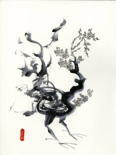 375x500 Zen Chicken And The Japanese Blossoms Drawing - Japanese Drawings