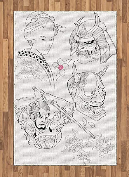 442x606 ambesonne kabuki mask area rug, samurai warrior - Japanese Drawings