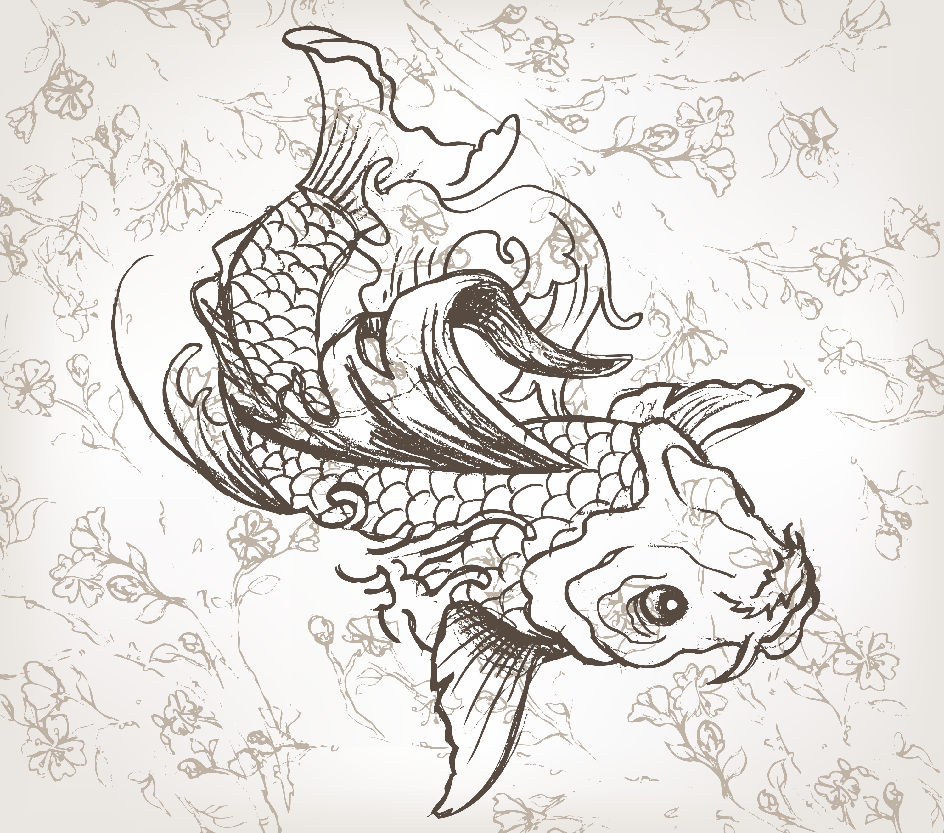 3000x2646 Vector Hand Drawn Koi Fish Japanese Illustration - Japanese Fish Drawing