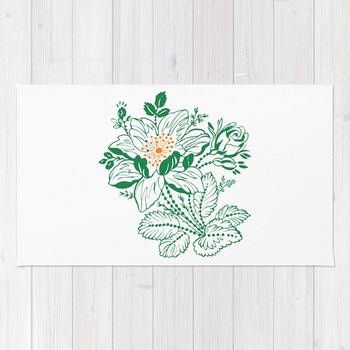 700x700 Japanese Style Green With Orange Flowers Rug - Japanese Flower Drawing Styles