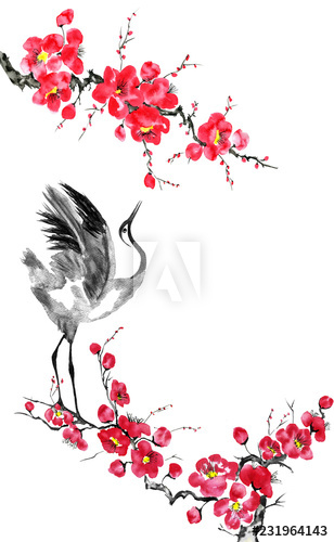 308x500 japanese cranes bird drawing red stylized flowers of plum mei - Japanese Flower Drawing Styles