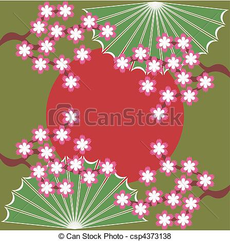 448x470 Japanese Style Illustration With Flowers And Sun - Japanese Flower Drawing Styles