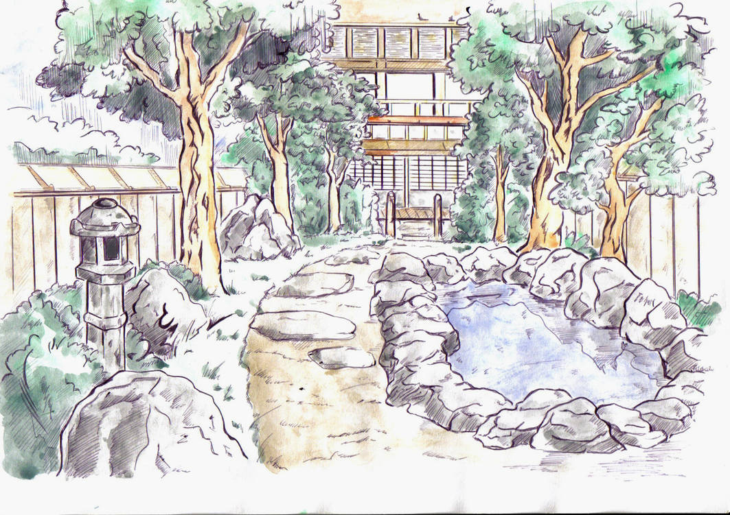 1063x751 Japanese Garden - Japanese Garden Drawing