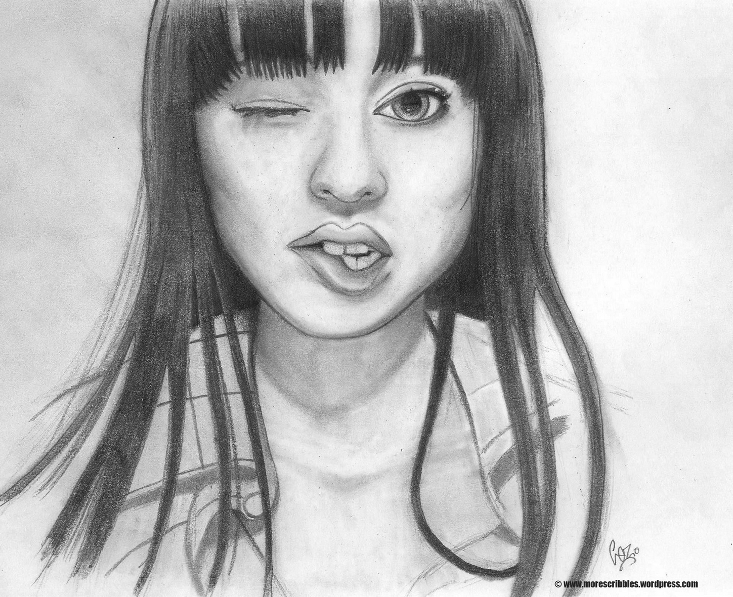 1449x1180 japanese girl biting lip and winking pencil drawing morescribbles - Japanese Girl Drawing