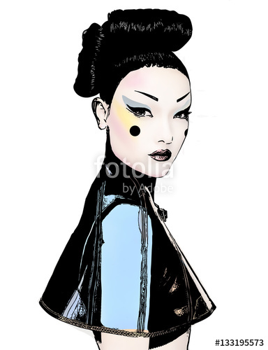 384x500 Draw Geisha Black White Japanese Girl Stock Photo And Royalty - Japanese Girl Drawing