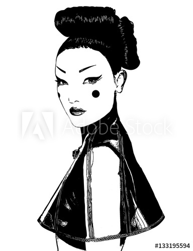 384x500 Draw Geisha Black White Japanese Girl - Japanese Girl Drawing