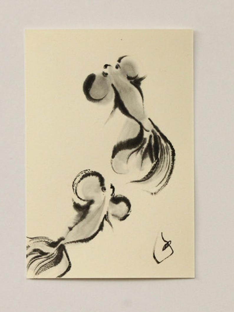 794x1060 ink painting goldfish art mini fish art japanese art fish etsy - Japanese Goldfish Drawing
