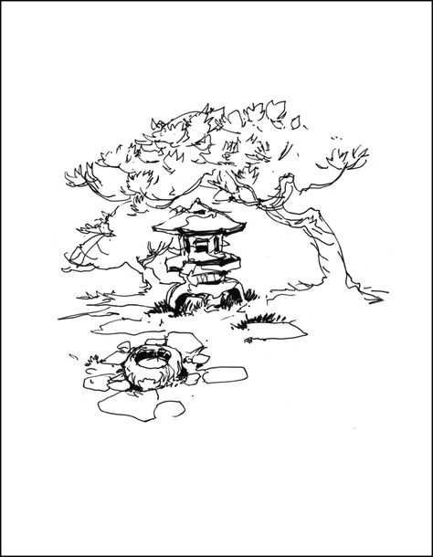 474x610 Japanese Garden Pen Ink Garden Illustration, House Drawing - Japanese House Drawing