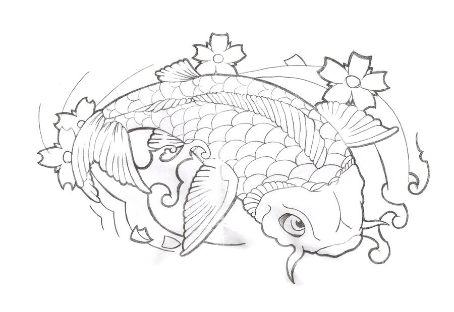 900x619 Outline Of A Fish Coloring - Japanese Koi Drawing