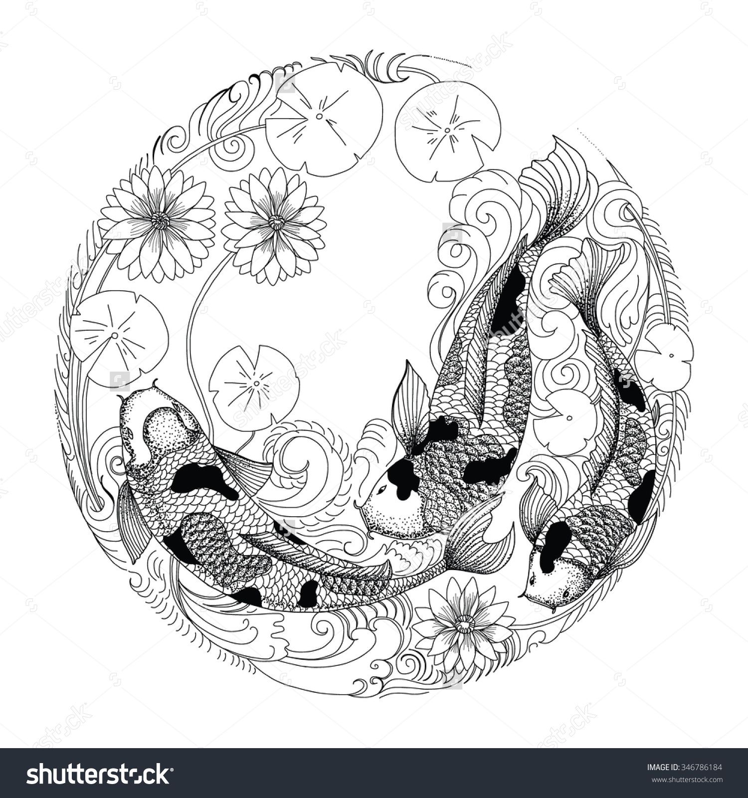 1500x1600 Hand Drawn Koi Fish In Circle, Japanese Carp Line Drawing Coloring - Japanese Line Drawing