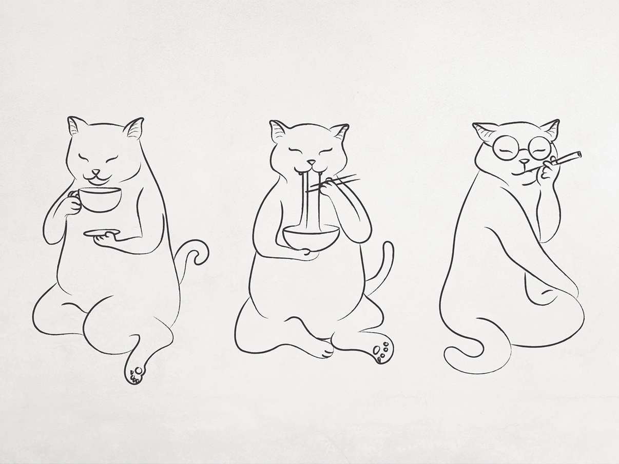 1206x904 Japanese Cats - Japanese Line Drawing