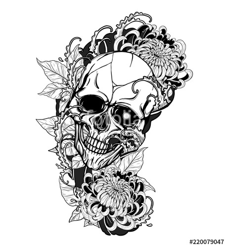 459x500 Skull With Chrysanthemum Tattoo - Japanese Line Drawing