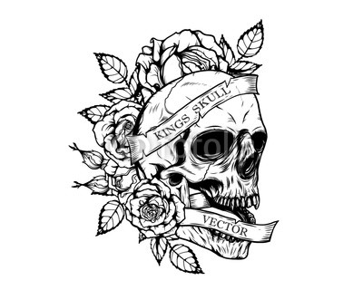 400x320 Skull With Roses Tattoo - Japanese Line Drawing
