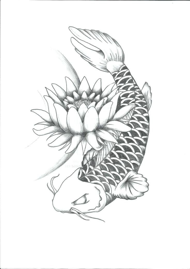 736x1040 Coloring Japan Coloring Pages Landscape With Lotus And Fish - Japanese Lotus Drawing