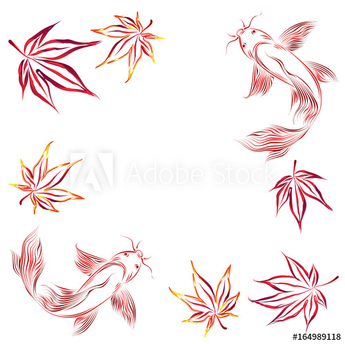 500x499 Japanese Maple Leaves And Goldfish Hand Drawn Vector Brush Frame - Japanese Maple Leaf Drawing