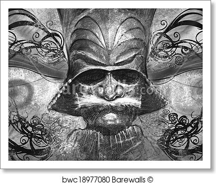 435x370 Japanese Mask, Tattoo Illustration, Handmade Draw Over Vintage P - Japanese Mask Drawing