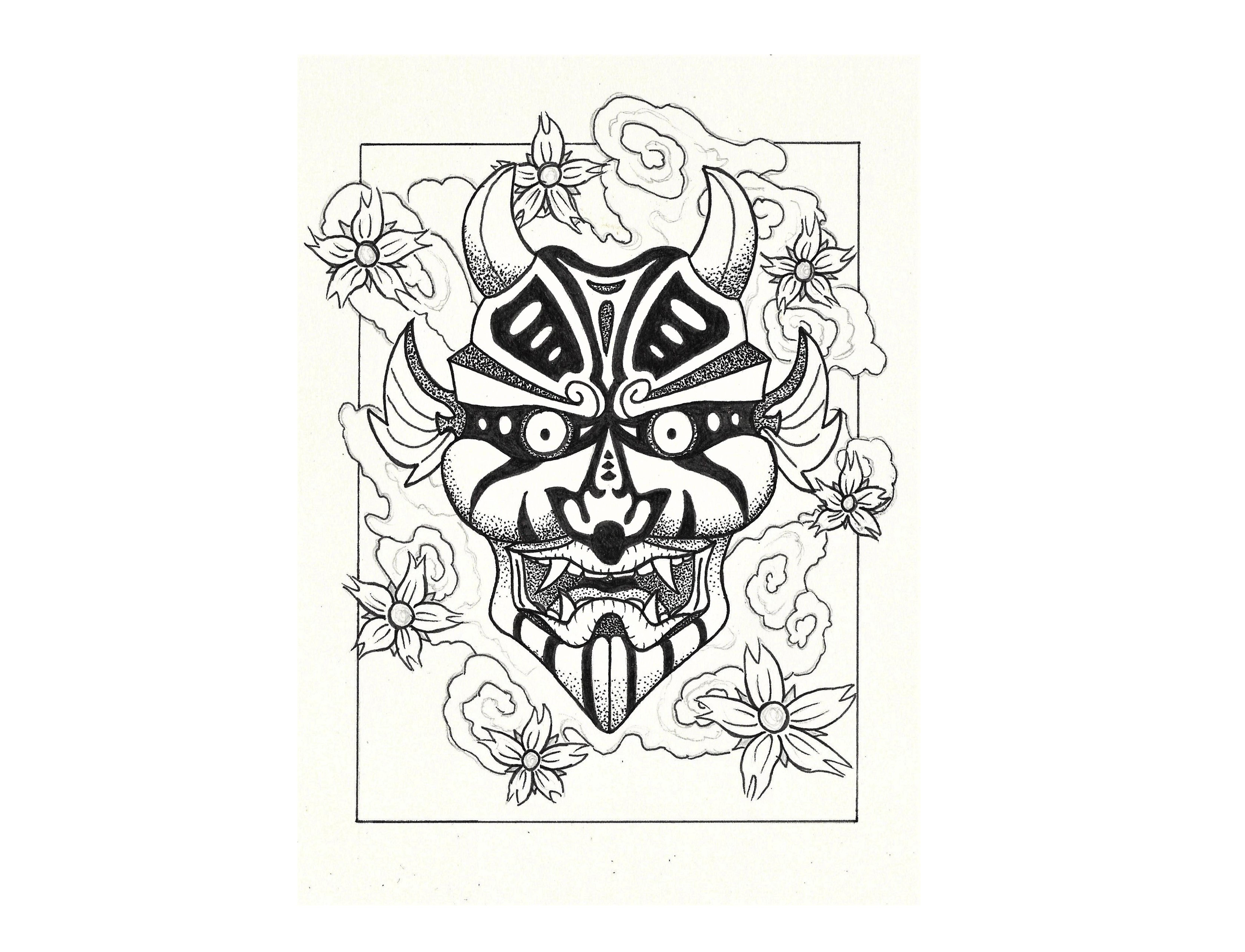 6600x5050 japanese mask dotwork - Japanese Mask Drawing