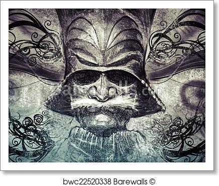 435x370 Art Print Of Japanese Mask, Tattoo Illustration, Handmade Drawing - Japanese Mask Drawing