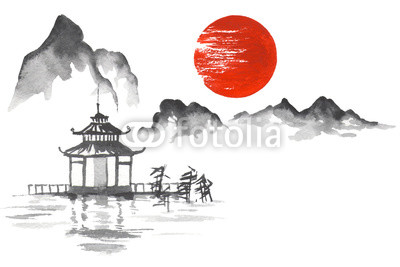 400x267 Japan Traditional Japanese Painting Sumi E Art Sun Mountain Temple - Japanese Mountain Drawing