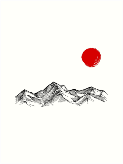 413x549 Japanese Mountain Range With Red Sun Japanese Art Art Prints - Japanese Mountain Drawing