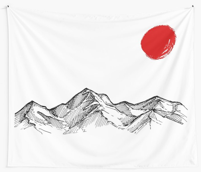 705x602 Japanese Mountain Range With Red Sun Japanese Art Wall Tapestries - Japanese Mountain Drawing