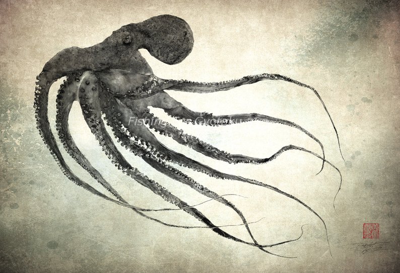 794x543 Gliding Octopus Gyotaku Print Traditional Japanese Fish Art Etsy - Japanese Octopus Drawing