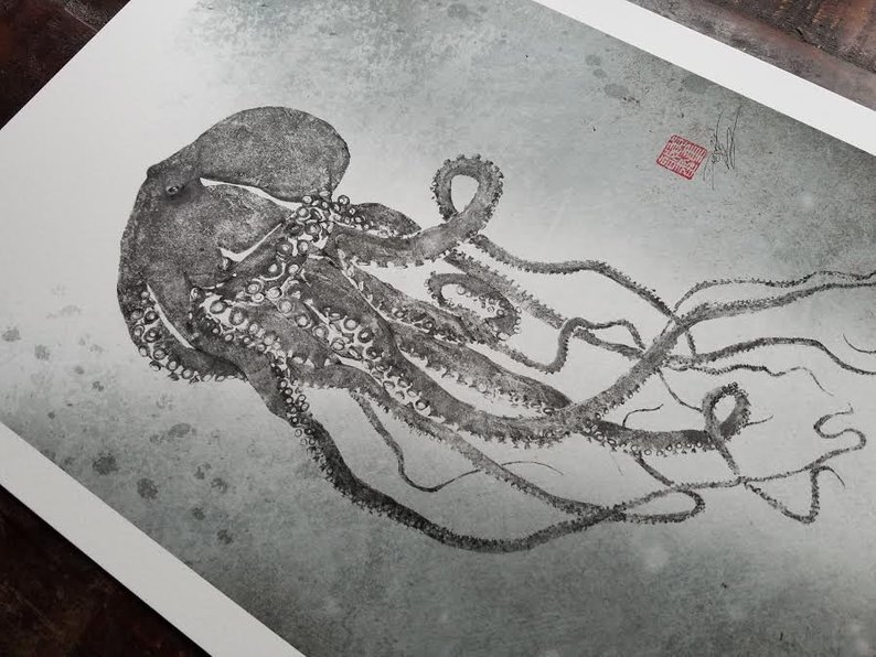 794x596 Octopus On The Rise Gyotaku Print Traditional Japanese Fish Etsy - Japanese Octopus Drawing