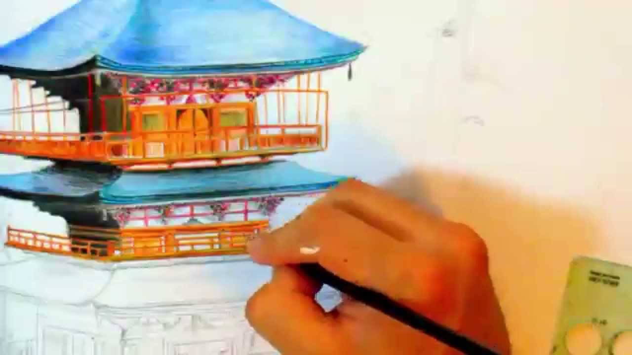 1280x720 japan's pagoda speed drawing, nachi falls art video - Japanese Pagoda Drawing