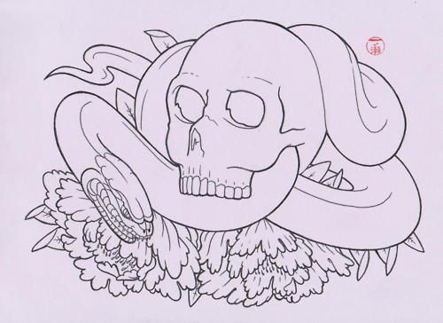 500x364 Japanese Skull Tattoo Sketch With Snake And Flowers - Japanese Snake Drawing