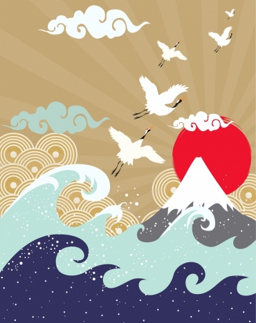 370x468 Japan Style Drawing Mountain Waves Sun Birds Icons Vectors Stock - Japanese Sun Drawing