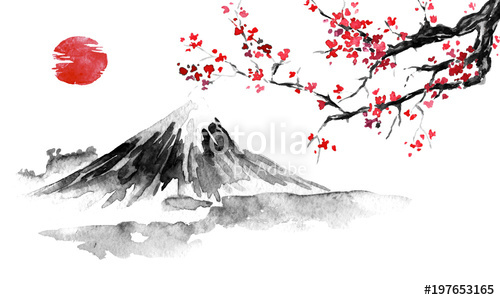 500x300 japan traditional sumi e painting fuji mountain, sakura, sunset - Japanese Sun Drawing