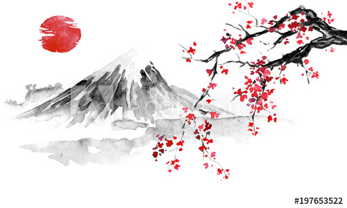 500x300 japan traditional sumi e painting indian ink illustration - Japanese Sun Drawing