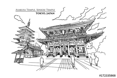 500x334 perspective of asakusa temple or sensoji temple in tokyo, japan - Japanese Temple Drawing