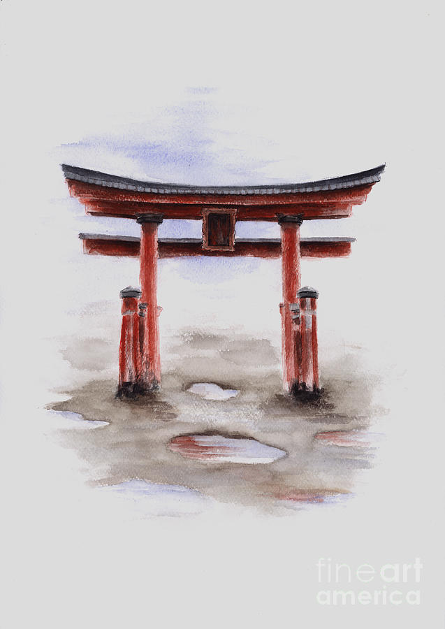 637x900 red torii japanese temple gate painting - Japanese Temple Drawing