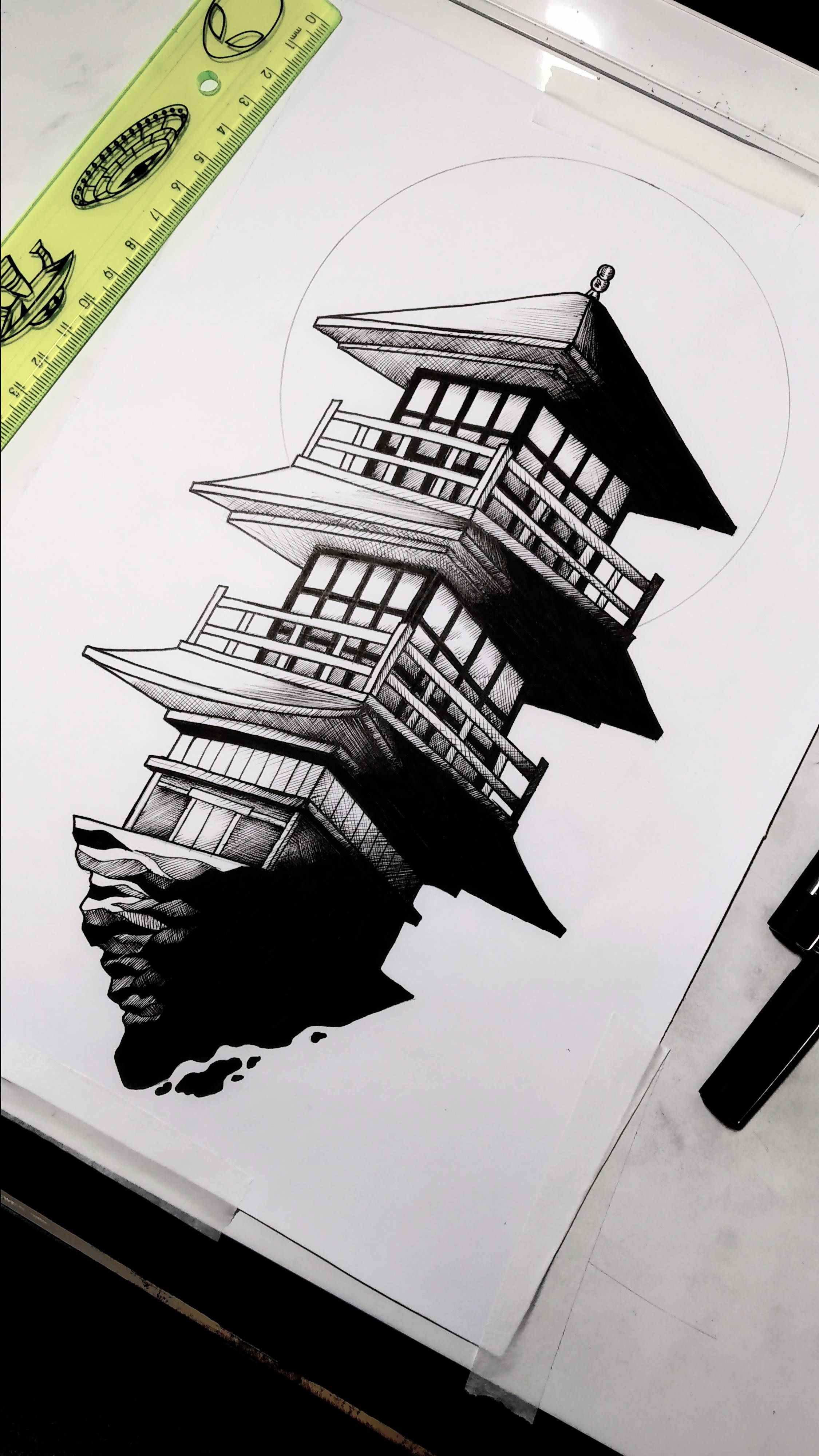 2250x4000 Still A Work In Progress Of A Floating Japanese Temple Drawing - Japanese Temple Drawing